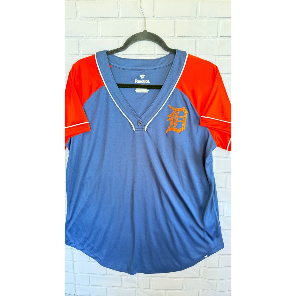 Fanatics Detroit Tigers Womens Jersey Top Blue Orange Glitter Logo Large